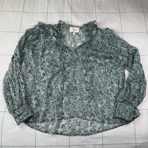 Cleobella Top Womens Small Green Loretta Iris Blue Peasant Boho Metallic Chiffon - Picture 3 of 9